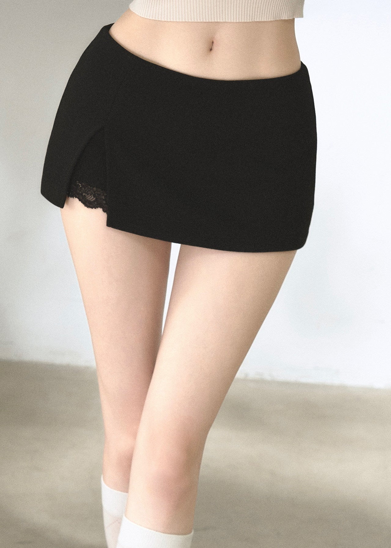 Women's dark heather grey skirt shorts with delicate lace insert