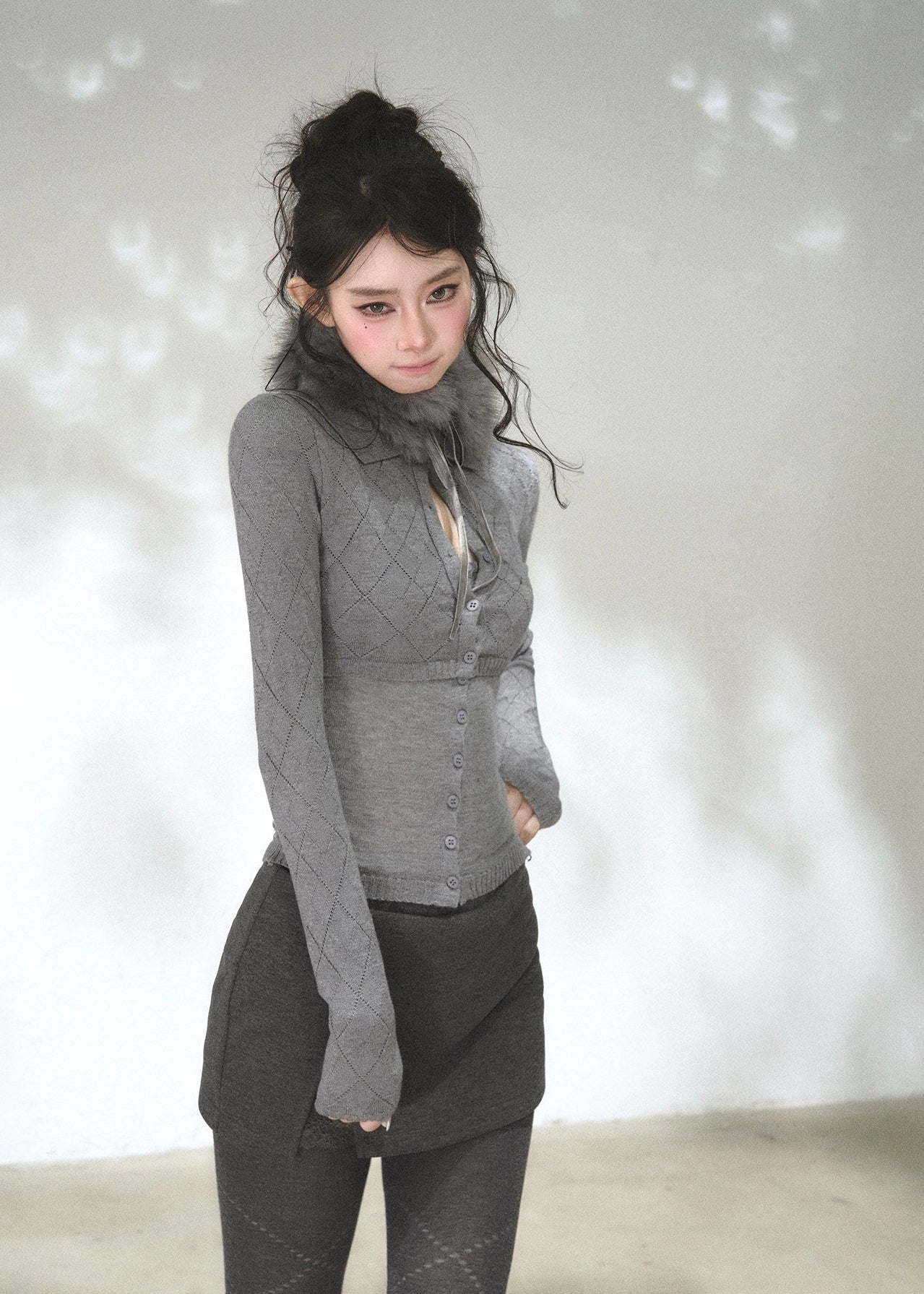 Heather grey vintage-inspired knit top with collar and keyhole detail