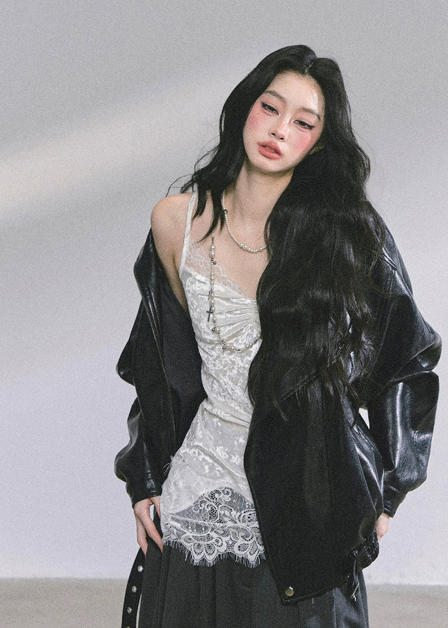 PU leather jacket, oversized moto jacket, black faux leather coat, Korean streetwear jacket, biker style jacket women, edgy autumn jacket, moto blouson top, trendy PU outerwear, hot girl street style, loose fit leather jacket, cool girl aesthetic jacket, Korean American fashion, fall leather jacket women, stylish biker coat, oversized motorcycle jacket
