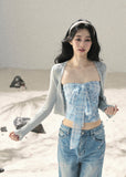 aomalm top set, blue plaid top, strapless bow top, korean feminine top, plaid bandeau top, summer cardigan set, blue danube top, sweet spicy summer top, feminine korean fashion, short summer top, plaid cami top, korean vacation outfit