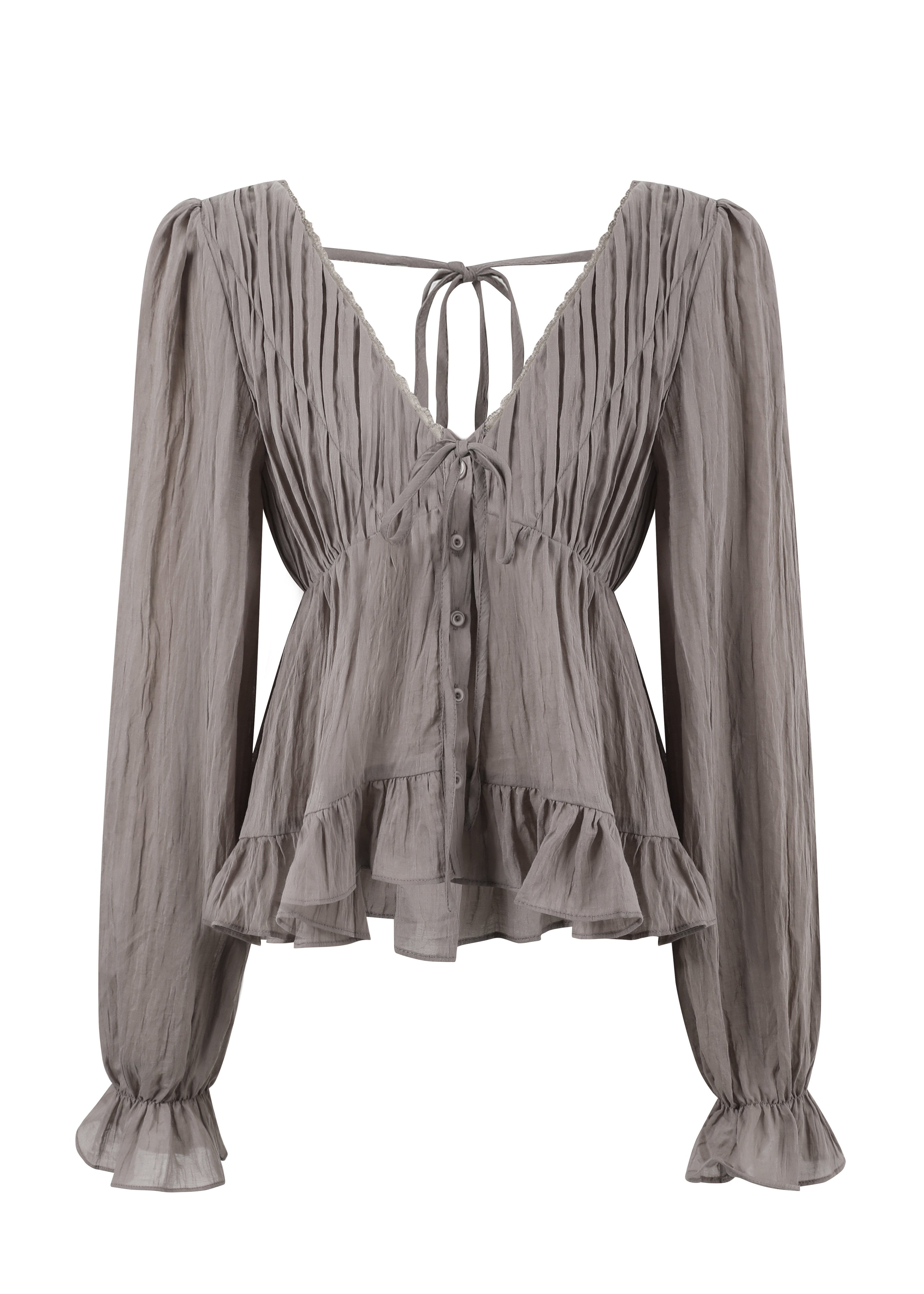 Lightweight gray long-sleeve blouse with a flowing hem