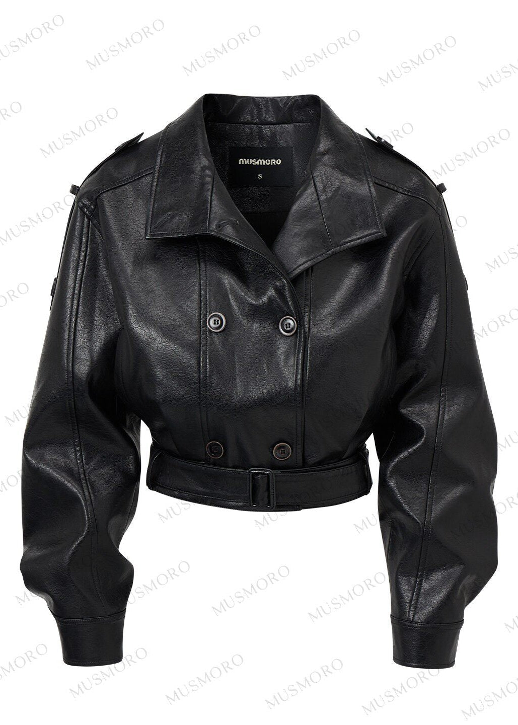Cropped black faux leather jacket with voluminous sleeves and wide shoulders