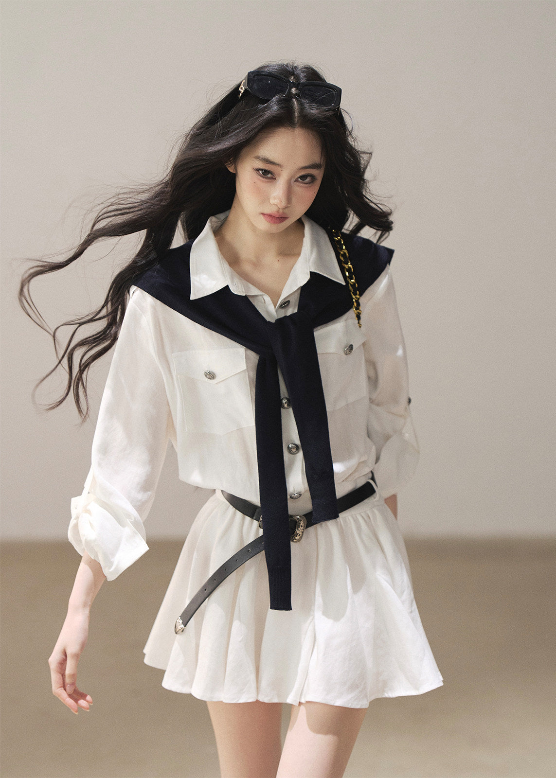 White collared shirt dress with navy shawl detail