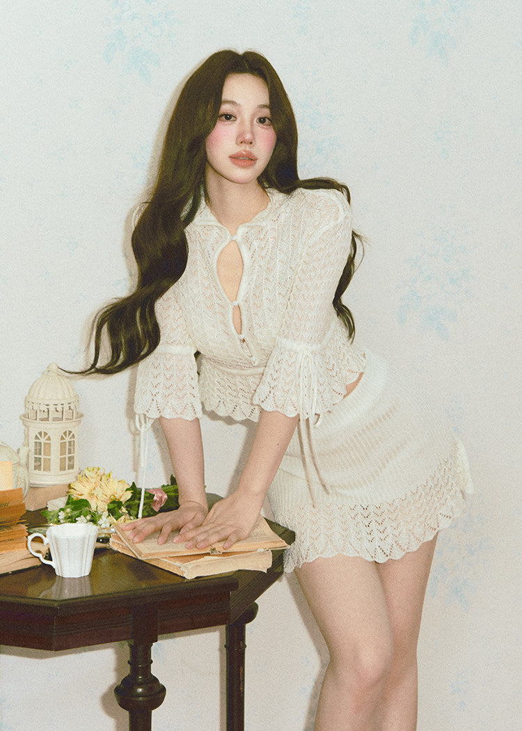 hollow knit top and skirt set, French knit skirt set, feminine Korean two piece set, cream knit mini skirt set, romantic knit outfit women, soft knit matching set, slim fit top and skirt set, elegant mini skirt set, dressy knit co-ord women, cute Korean skirt set, date outfit two piece set, soft cream knit set, fitted knit top women, feminine coordinated outfit, LaLuneDuCiel style clothing