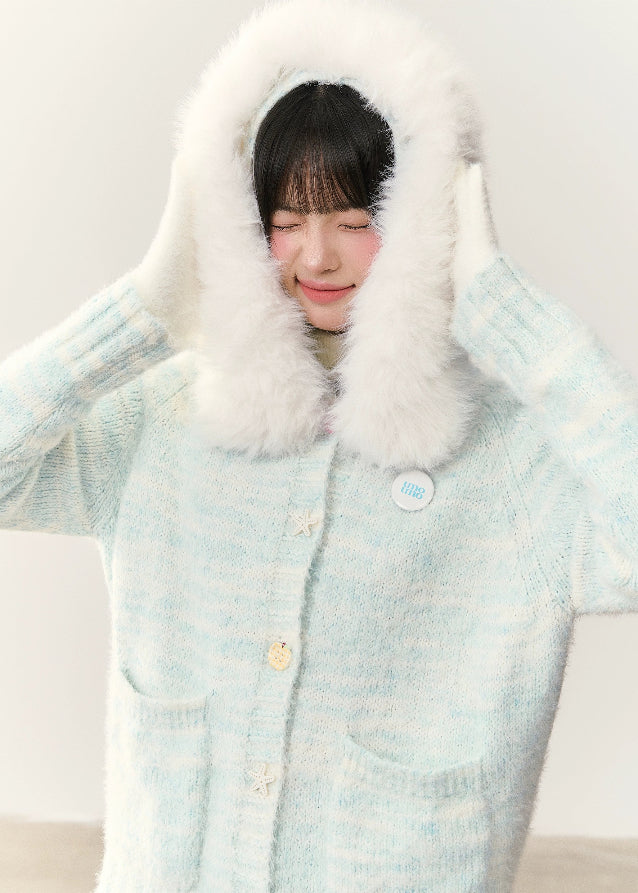 fresh ocean cardigan, blue white gradient knit, fur collar hooded cardigan, plush winter sweater, cozy fluffy hood jacket, soft fuzzy knitwear, umoumo winter collection, Korean girly cardigan, kawaii fur hood sweater, gradient plush cardigan, warm winter knit hoodie, fluffy collar cardigan, women’s soft knit jacket