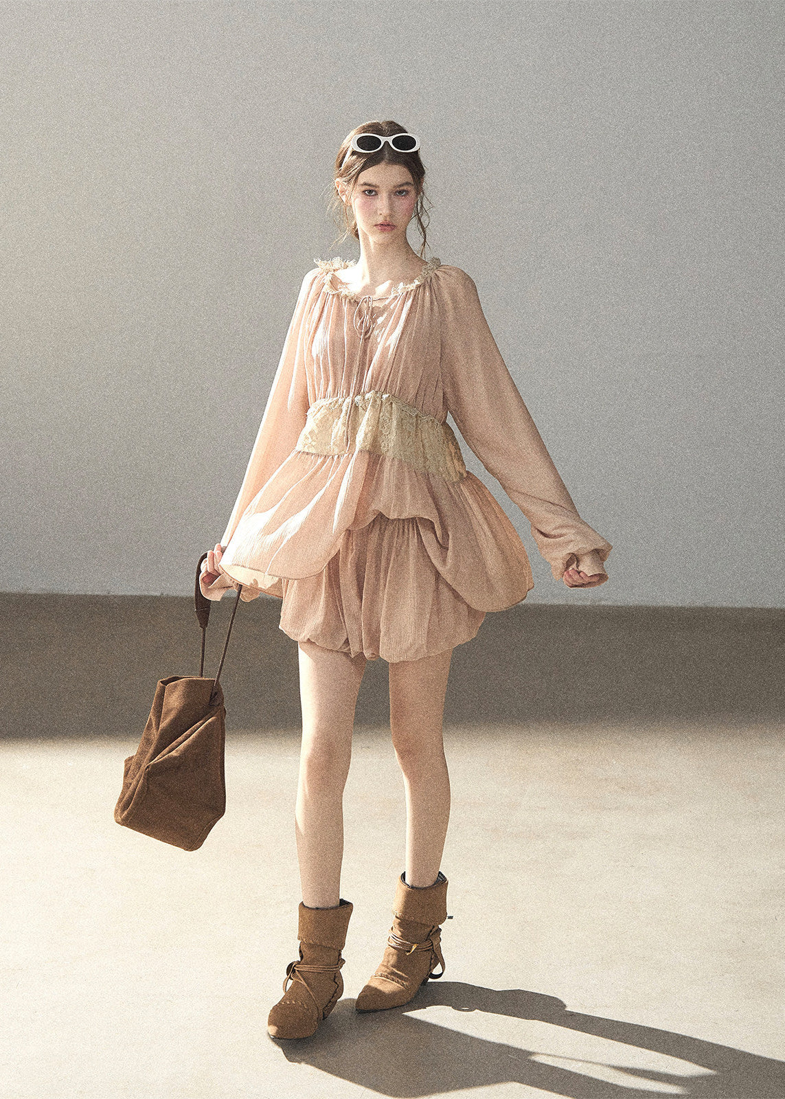 Blush lace waist blouse and skort two-piece set