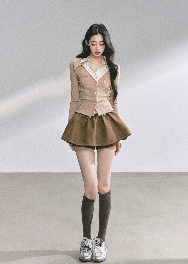 korean two tone knit top, fake two piece long sleeve top women, striped collar slim fit shirt, korean preppy fashion top, hot girl autumn outfit, seoul fashion knitwear, korean streetwear blouse, elegant korean knit top, office chic korean outfit, fall fashion women tops, french korean aesthetic outfit, preppy collar knit shirt, modern kfashion top women, slim waist knit top, korean girl fashion autumn