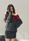 AOMALM sweater dress, off shoulder knit dress, one shoulder winter dress women, hip hugging knit dress, Korean aesthetic dress, feminine mini sweater dress, American style knit dress, winter slim dress women, cozy knit mini dress, contrast neckline dress, soft feminine winter outfit