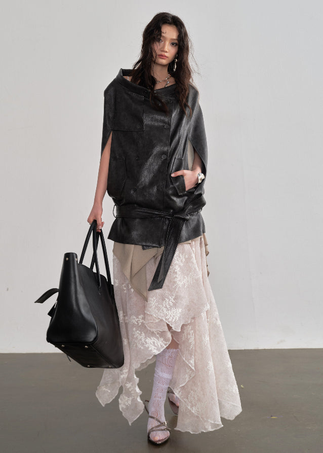 JNYLON faux leather cape jacket women, Korean stylish PU shawl jacket, modern Korean fashion cape coat, chic vintage faux leather outerwear, trendy Korean street chic jacket, oversized leather cape women, urban fashion layering PU jacket, stylish Korean fashion shawl coat, vintage romantic leather cape top women