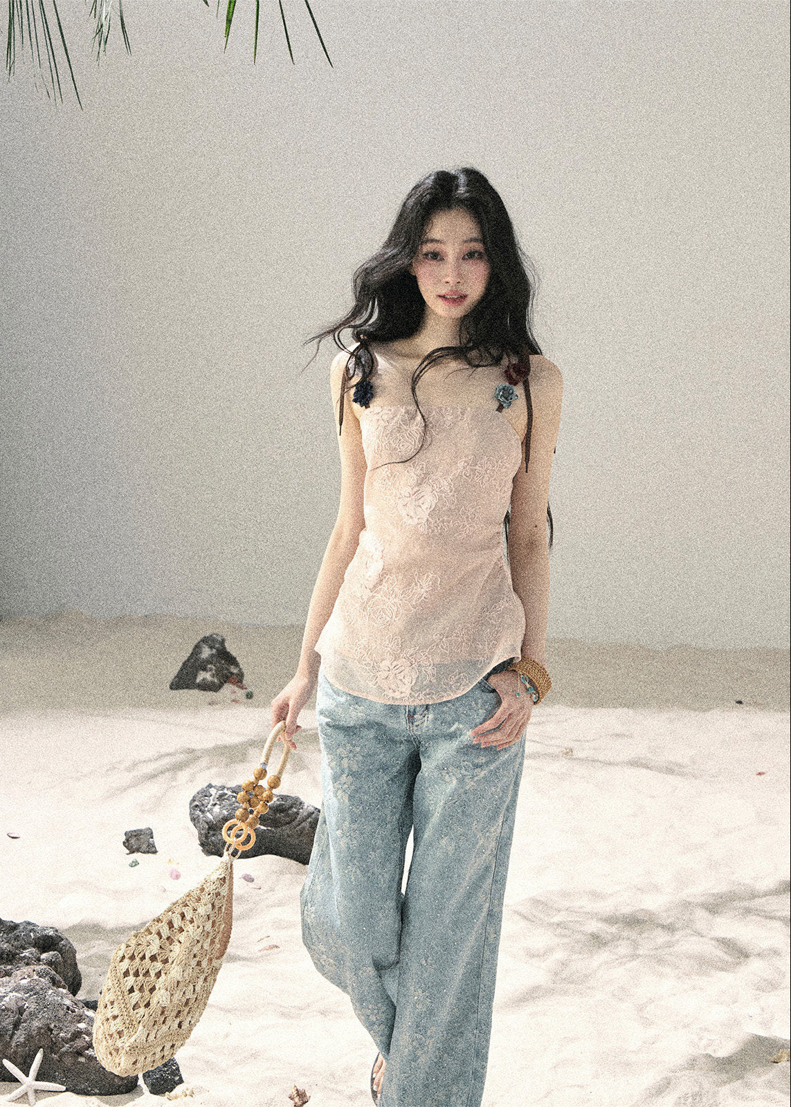 Blush embroidered camisole top with floral detail