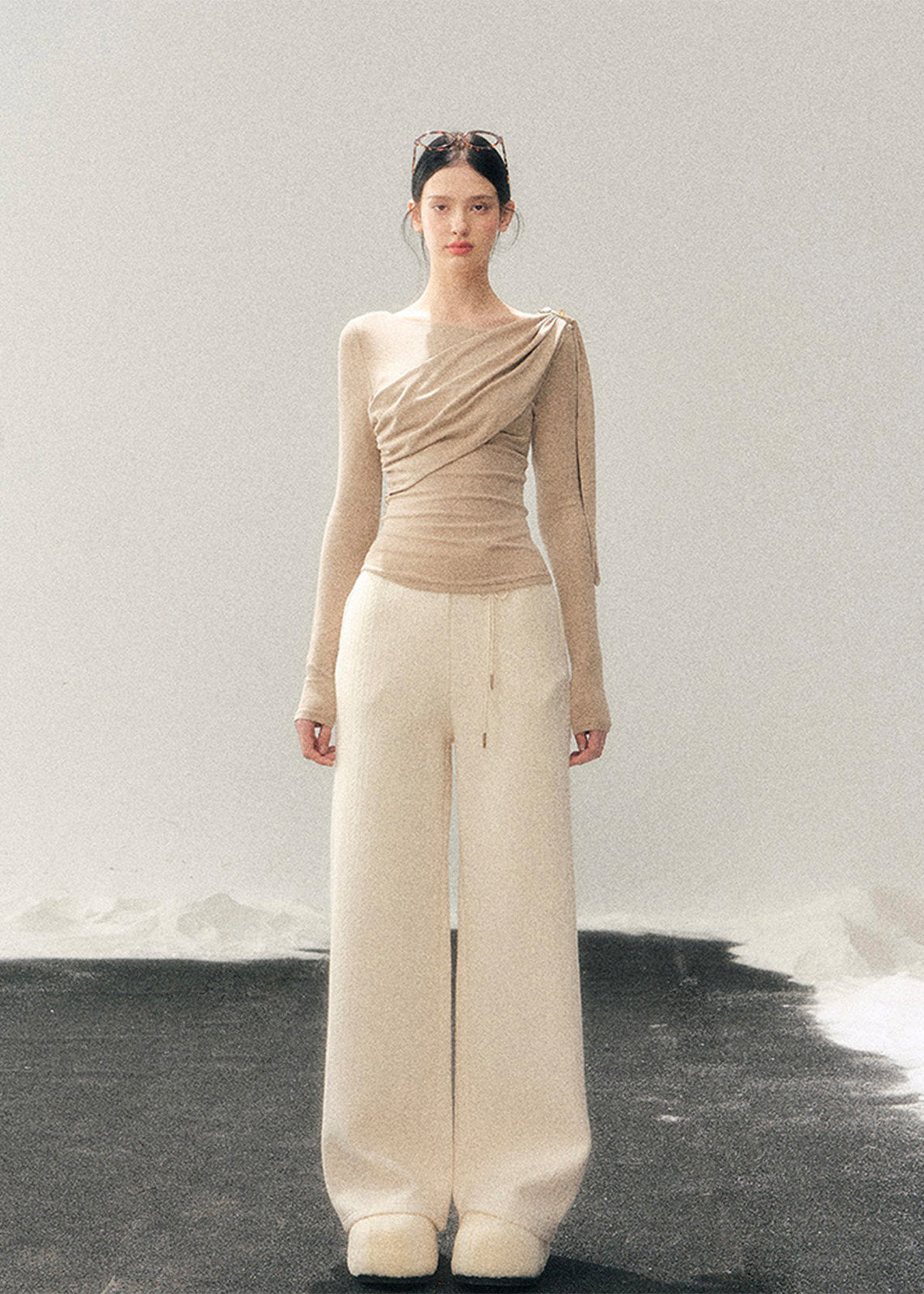 French style knit top, Korean feminine top, one shoulder long sleeve top, draped knit shirt women, winter slim fit top, elegant women knitwear, asymmetrical neckline top, waist slimming top, soft aesthetic fashion, minimal feminine top, Korean winter outfit, French chic clothing, modern women knit top, layering winter top, elegant casual top