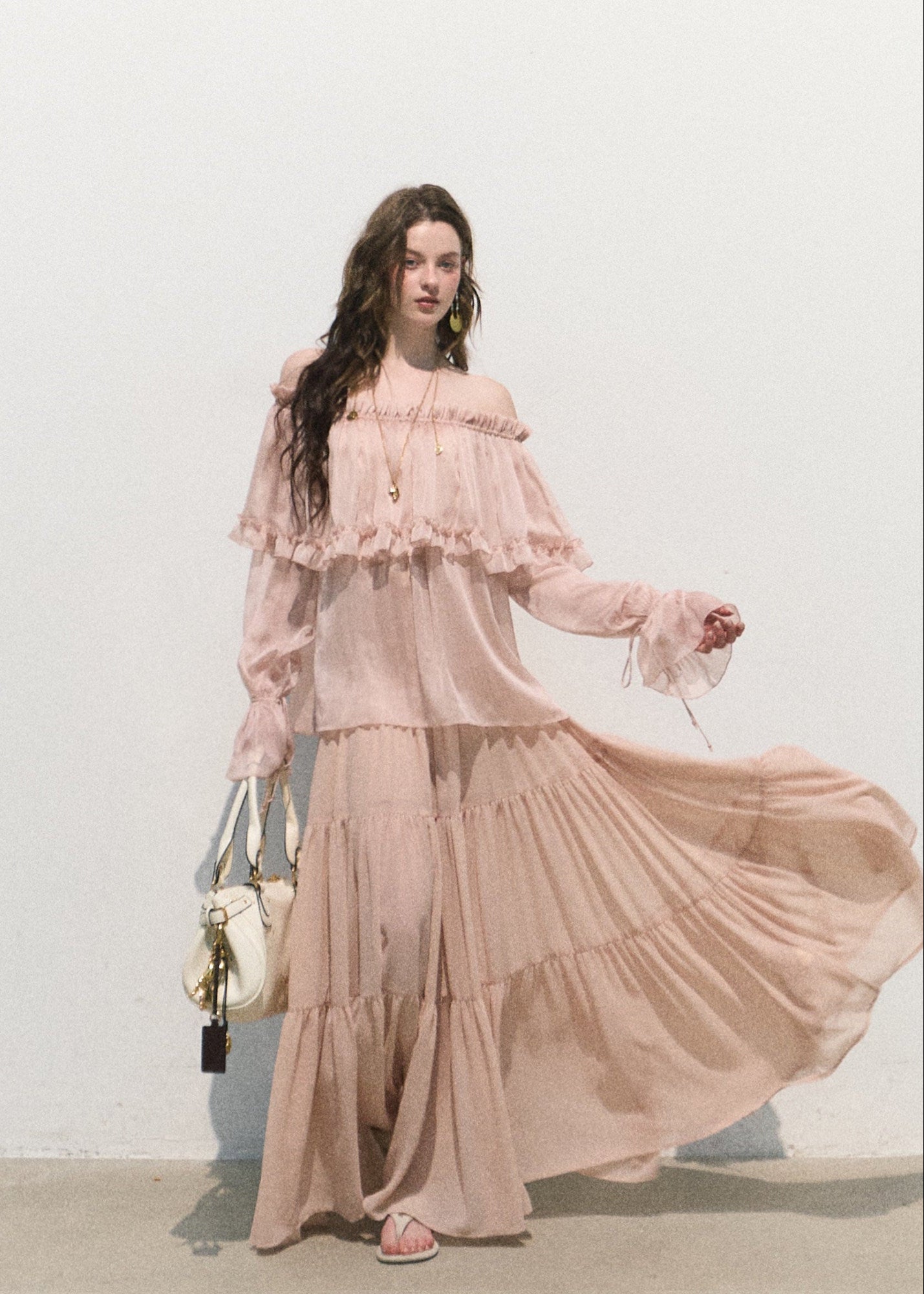 oakmoo skirt, pleated chiffon skirt, a-line maxi skirt, korean minimal fashion, long summer skirt, blush beige skirt, romantic maxi skirt, soft feminine skirt, resort skirt women, flowy summer skirt, elegant casual skirt, korean summer outfit