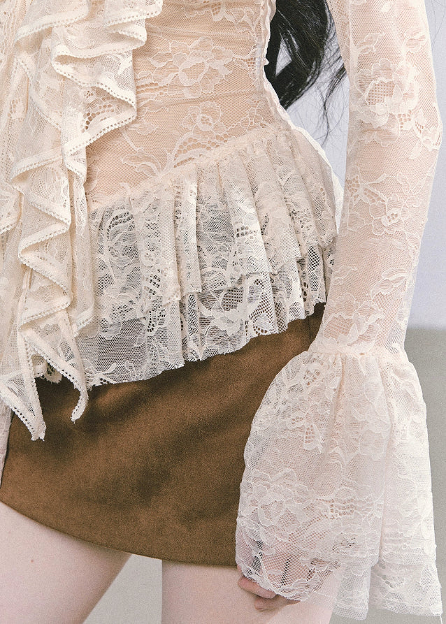 woolen suit set, lace layered top, french autumn outfit, hepbum style jacket, suede mini skirt set, korean fashion three piece, fall winter women's set, caramel jacket outfit, lace camisole top, elegant wool suit women
