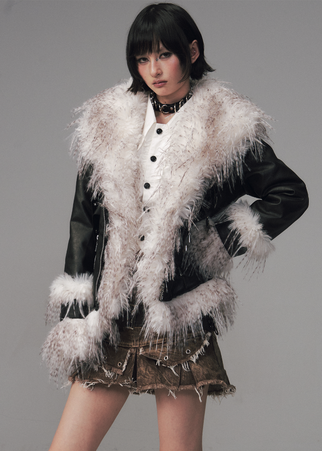 Frustration Garden coat, edgy fur collar jacket, grunge winter coat, punk faux fur jacket, shaggy collar coat, retro rub dye jacket, short padded winter coat, alternative fashion outerwear, goth streetwear coat, distressed fur trim jacket women