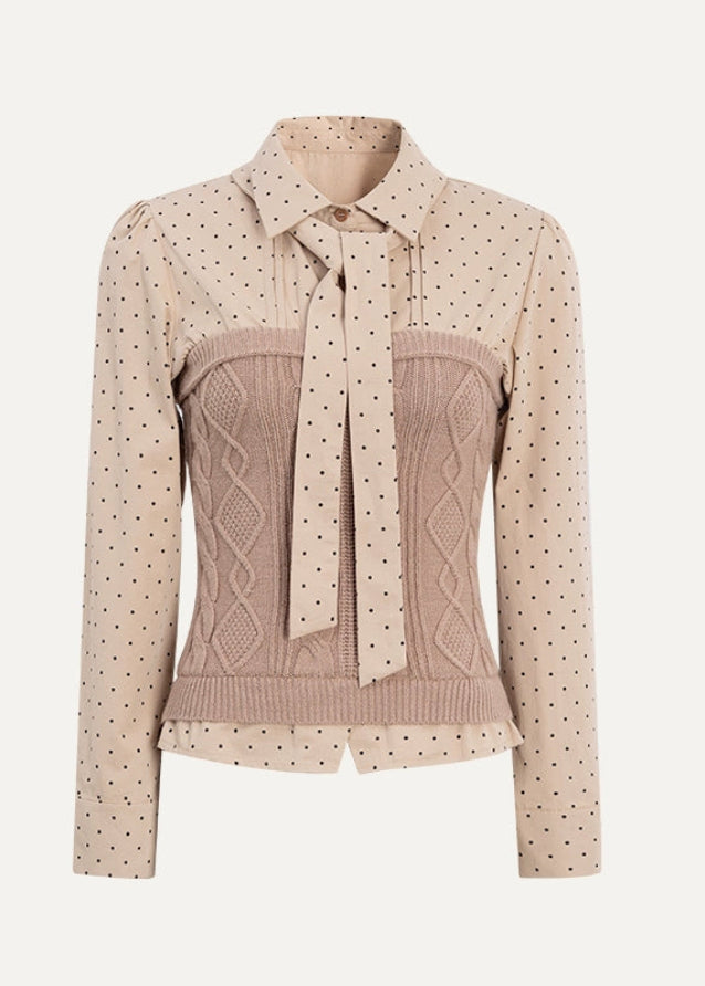 polka dot bow tie blouse, Korean pleated skirt set, ribbon collar top and skirt, K fashion two piece outfit, cute dot blouse women, winter pleated mini skirt set, layered patchwork blouse, feminine Korean outfit, school style skirt set, dot print ribbon blouse
