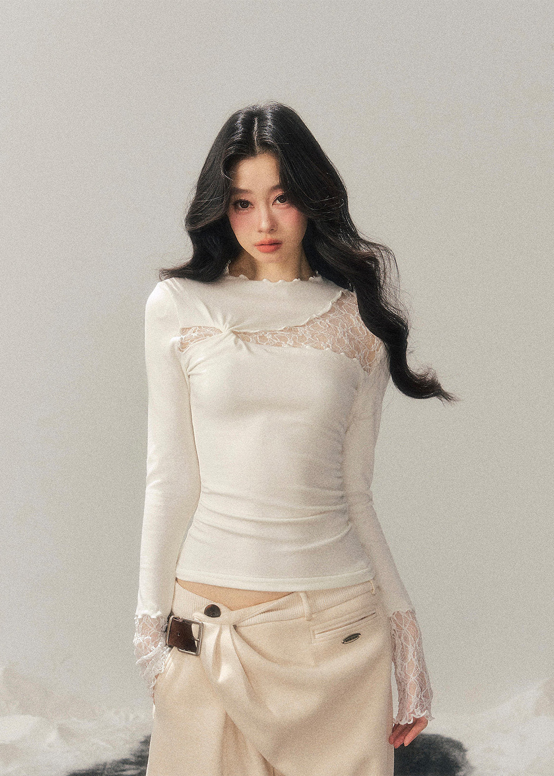 AOMALM lace top, semi turtleneck lace shirt, sheer knit women top, winter slim fit top, Korean feminine top, French style lace blouse, sexy winter base top, women layering top, hollow lace knit shirt, elegant winter inner top, slim silhouette knitwear, soft feminine fashion, Korean aesthetic clothing, winter lace turtleneck, women slim knit top