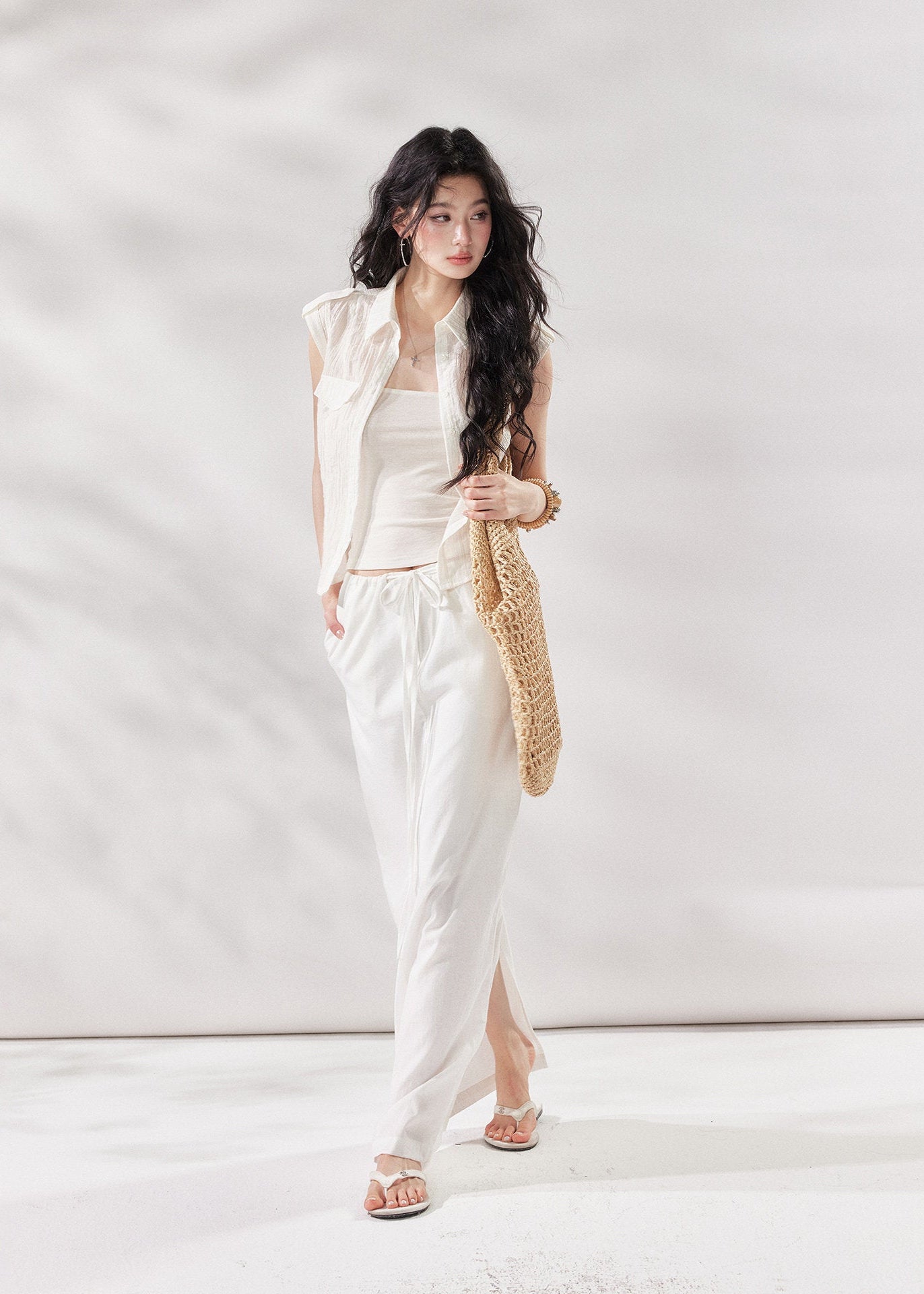 white layering top, tencel shirt women, camisole shirt set, summer two piece top, white short sleeve shirt women, korean fashion top, minimalist summer outfit, casual city outfit women, lightweight summer shirt, stylish layering set