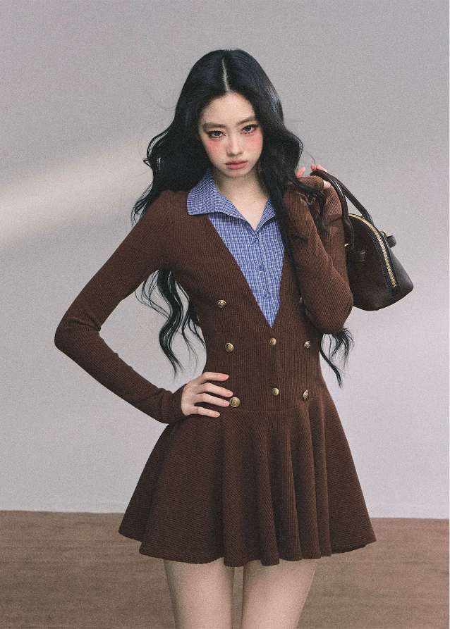 knitted dress women, fake two piece dress, plaid collar mini dress, french style knit dress, autumn winter knitwear, preppy dress women, double button knit dress, korean fashion mini dress, brown knit onepiece, layered collar dress women, elegant fall dress, soft knit mini dress
