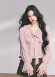 french bow blouse women, striped lace shirt, pink ribbon top slim fit, autumn long sleeve blouse, high end french shirt women, fw25 lace bow blouse, satin bow top women, slim striped blouse, romantic lace ruffle shirt
