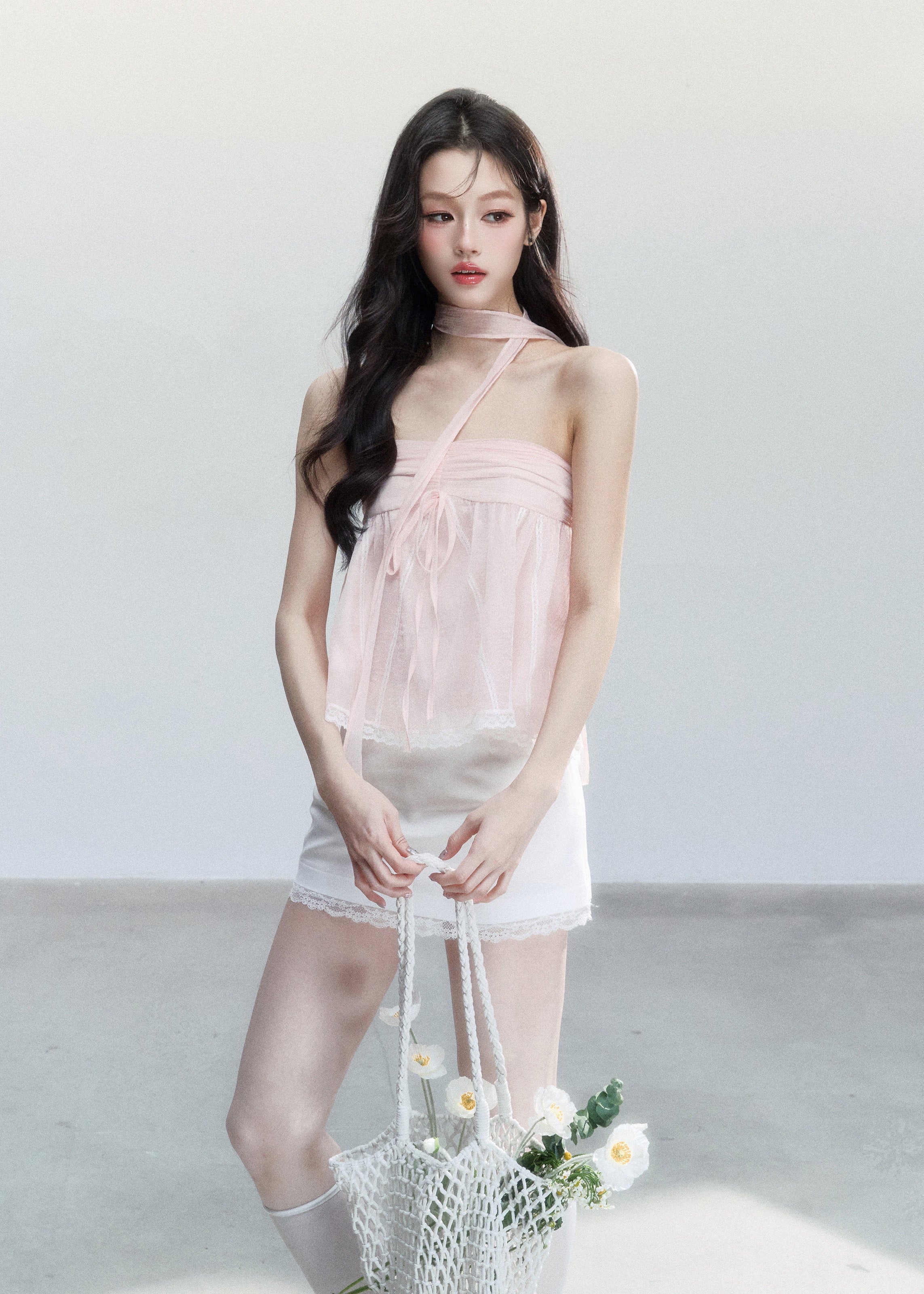 fragileheart top, halter babydoll top, pink halter top, sheer korean top, feminine summer cami, sweet spicy top, bandeau style top, lace hem cami, blush camisole top, korean romantic top, lightweight summer top, soft girl halter top