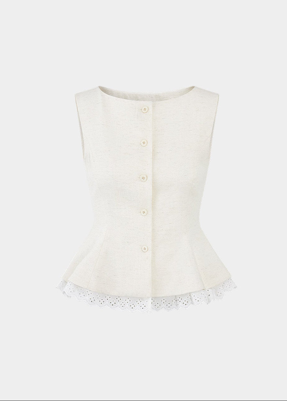 French vintage vest top, lace hem vest top, sleeveless button top, Korean feminine top, cotton linen sleeveless top, waist cinching blouse, romantic summer top, white lace trim top, vintage sleeveless blouse, feminine Korean fashion, button front vest top, cotton blend summer top, elegant casual top, café date outfit, soft vintage top