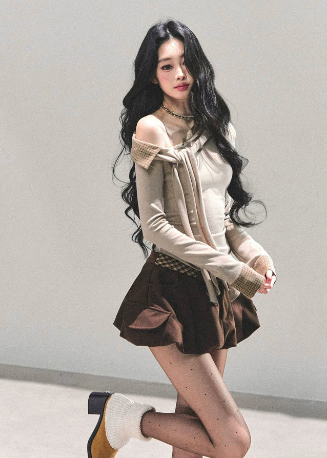 AOMALM top, Korean knit top, asymmetrical shoulder shirt, slanted shoulder knit, fake two-piece top, autumn winter women’s top, Korean fashion 2025, slimming knit shirt, asymmetric long sleeve top, feminine Korean style clothing, off-shoulder knit, layered look top, trendy knitwear women, soft knit t-shirt, daily Korean outfit, plaid contrast knit top, aesthetic knit top, elegant slim fit top, K-fashion tops women, winter stylish knit top, hot girl knit shirt