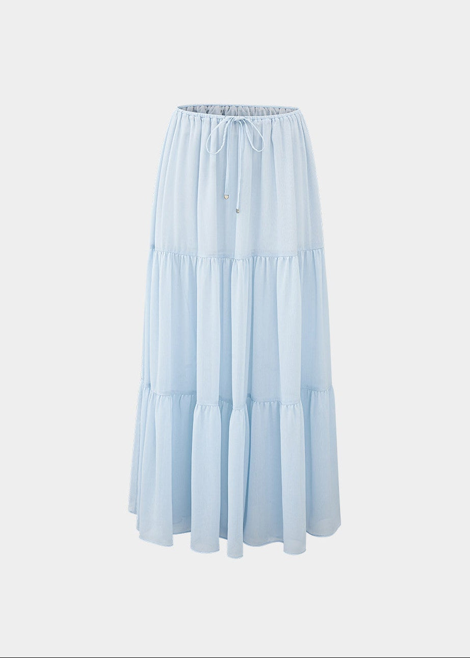 chiffon cake skirt, low rise maxi skirt, resort style skirt, tiered chiffon skirt, feminine Korean skirt, romantic summer skirt, draped long skirt, beach vacation skirt, airy summer skirt, soft chiffon maxi skirt, elegant resort outfit, flowing tiered skirt, Korean feminine fashion, vacation ready skirt, lightweight long skirt