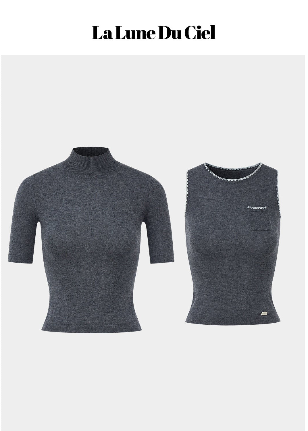 LaluneDuCiel layered knit top women, Korean slim high neck top, feminine two piece knit tee, elegant Korean style fitted top, chic minimal knit shirt women, slim short sleeve knit top Korean fashion, everyday feminine knitwear women, versatile layered tee Korean style, stylish Korean fashion top