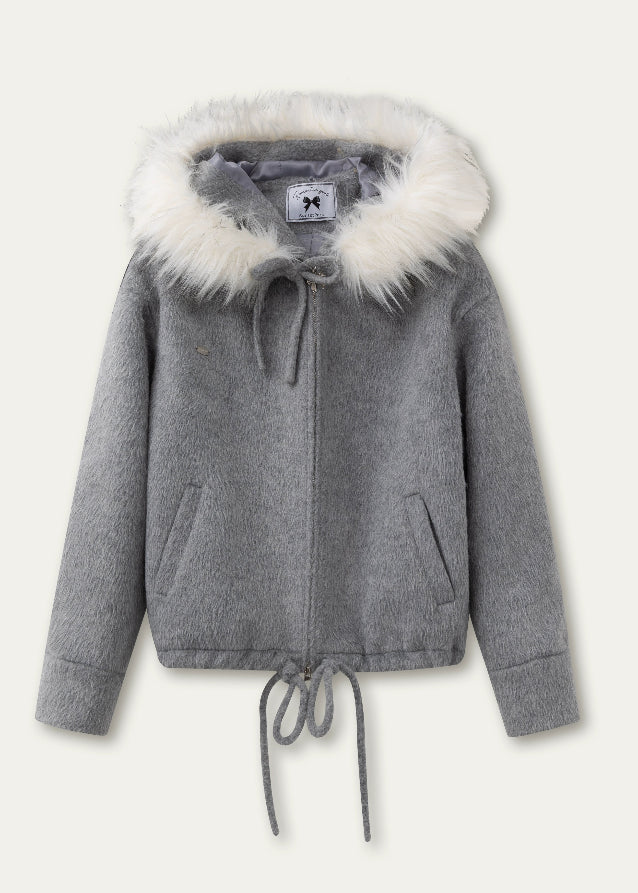 SunsetPark winter jacket, fur collar wool coat, cozy girly winter top, pink gray wool jacket, soft fluffy collar coat, Korean cute winter outerwear, warm cozy woolen jacket, feminine winter coat women, pastel winter jacket, AW soft wool coat, fluffy trim hood coat, cute Korean warm jacket, winter romantic outfit