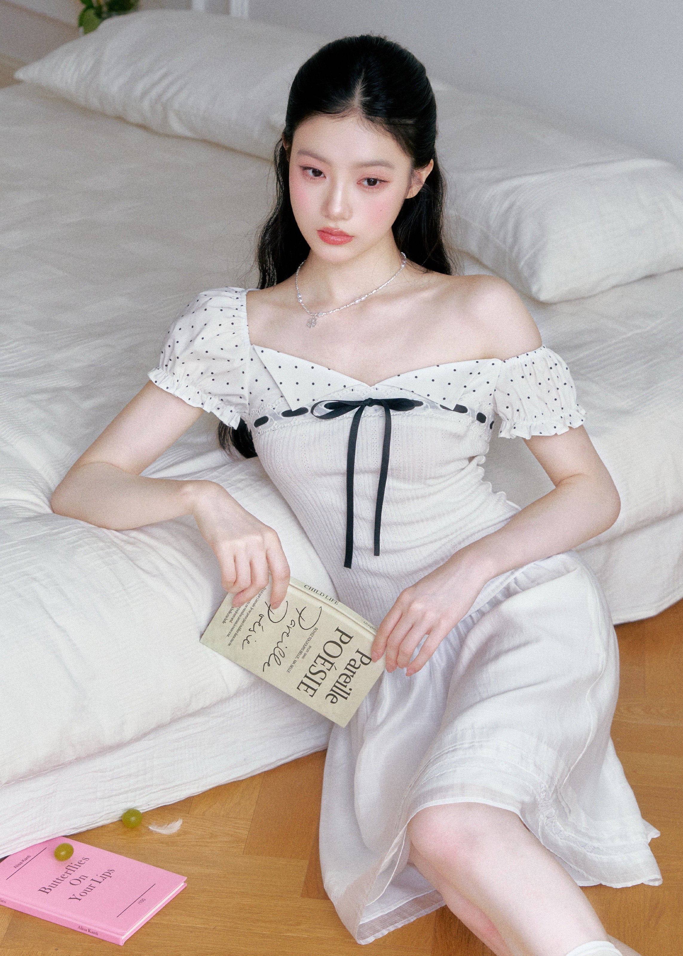fragileheart top, square neck ribbon top, vintage korean top, off shoulder t-shirt, waist cinching top, polka dot sleeve top, feminine korean fashion, literary girl top, sweet ribbon tee, korean summer top, romantic fitted top, soft girl fashion