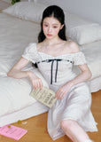 fragileheart top, square neck ribbon top, vintage korean top, off shoulder t-shirt, waist cinching top, polka dot sleeve top, feminine korean fashion, literary girl top, sweet ribbon tee, korean summer top, romantic fitted top, soft girl fashion
