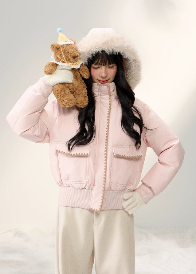 pastel down jacket, fluffy fur collar jacket, Korean girly winter coat, AW warm puffer, soft pastel outerwear, umoumo aesthetic jacket, contrast shell puffer, cozy hooded down jacket, cute winter puffer coat, feminine Korean fashion, cloud blue puffer, baby pink winter jacket, slim waist down coat, warm fluffy hood jacket, Fragileheart soft mood, girly pastel winter outfit, fluffy trim puffer, winter kawaii jacket, Korean sweet girl style