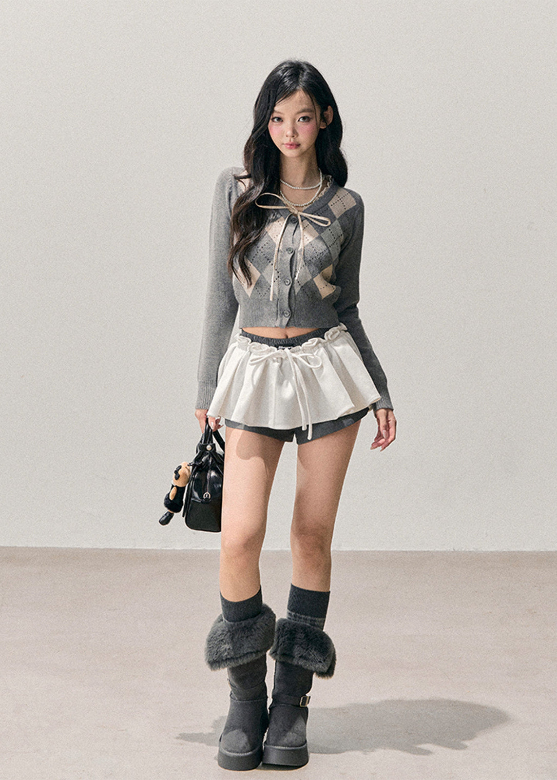 AOMALM cardigan, Korean feminine knit, French preppy cardigan, cropped knit sweater, argyle cardigan women, winter cardigan top, soft girl aesthetic sweater, Korean style knitwear, feminine cropped cardigan, ribbon tie sweater, pastel winter knit, elegant casual cardigan, preppy Korean fashion, women winter knit top, slim fit cardigan