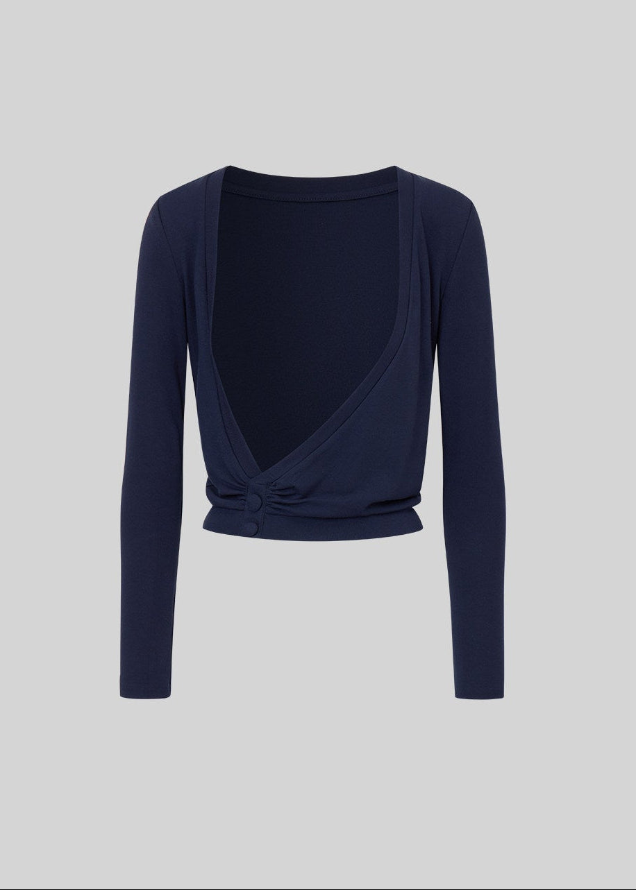 Women’s waist-defining blue knit top with an asymmetric neckline