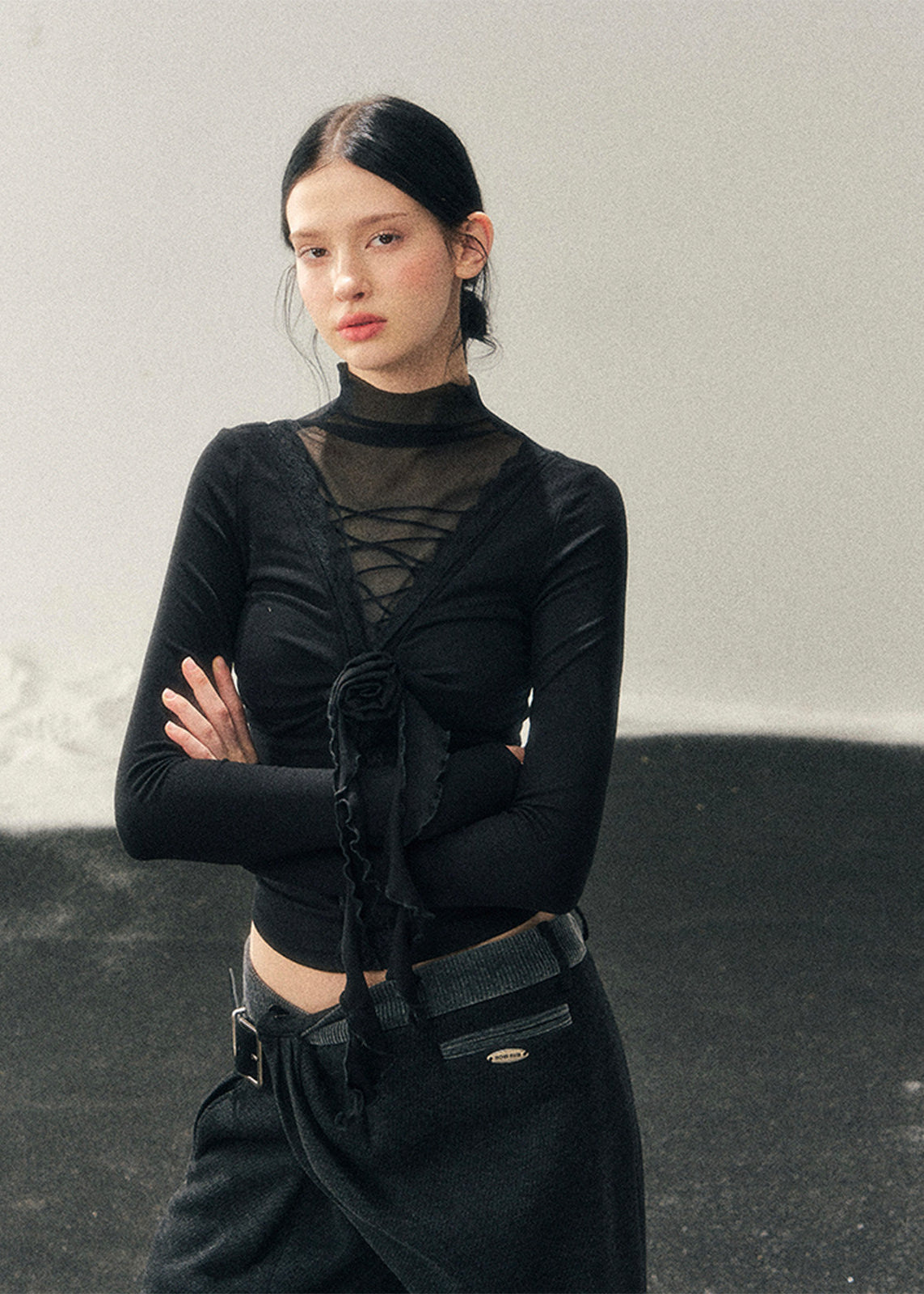 high neck lace top women, mesh base layer women, korean minimal inner top, sheer lace winter top, elegant layering top women, refined mesh long sleeve, lace underwear style top, minimalist women innerwear, soft stretch mesh top, feminine winter base layer, aomalm lace style, delicate lace mesh top, modern women basics, versatile inner top, understated luxury women clothing