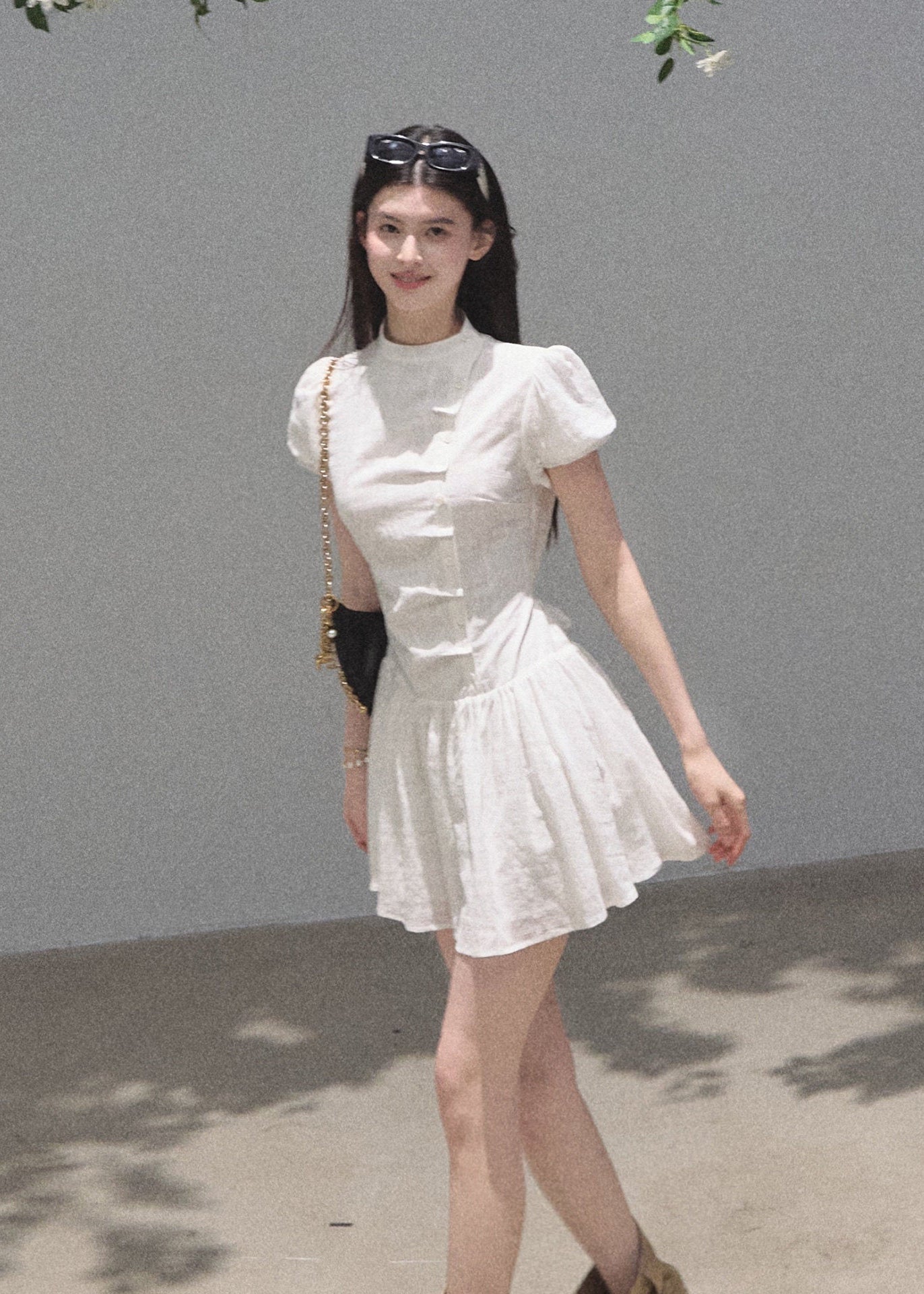 Moonlight white mini dress with soft flared skirt