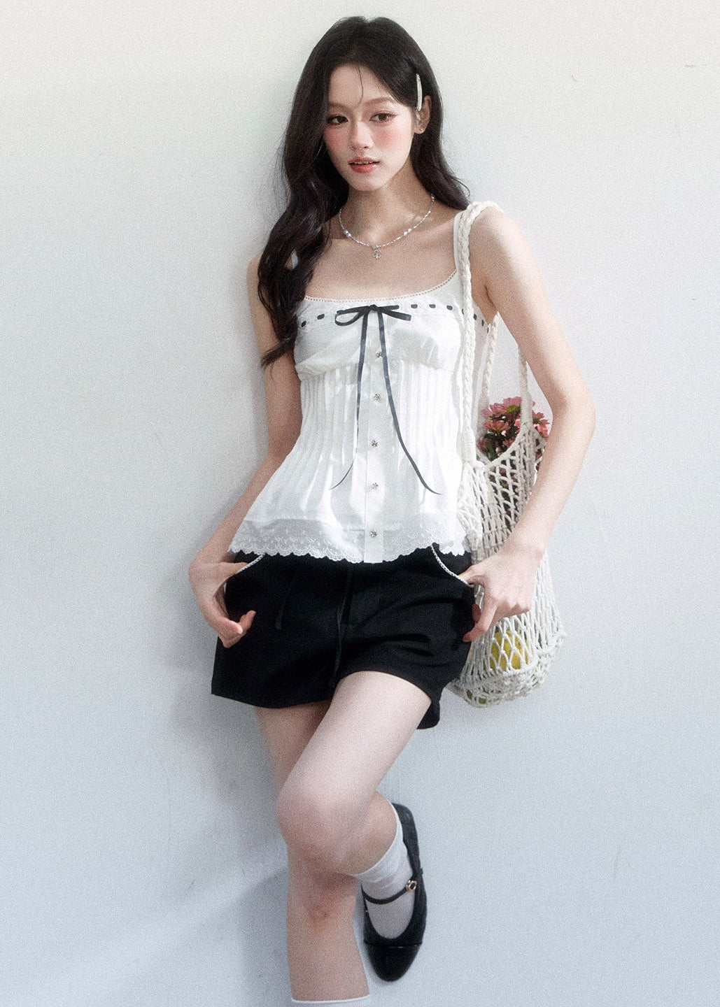 spring brunch outfit, brunch outfit ideas, two piece set women, lace camisole set, korean feminine outfit, coquette outfit, soft girl outfit, layered outfit women, black and white outfit, aesthetic fashion outfit, feminine korean fashion, casual spring outfits women, cute everyday outfit, romantic casual outfit, lightweight summer outfit, stylish two piece outfit, soft aesthetic clothing, date outfit women, trendy korean fashion, delicate feminine outfit


