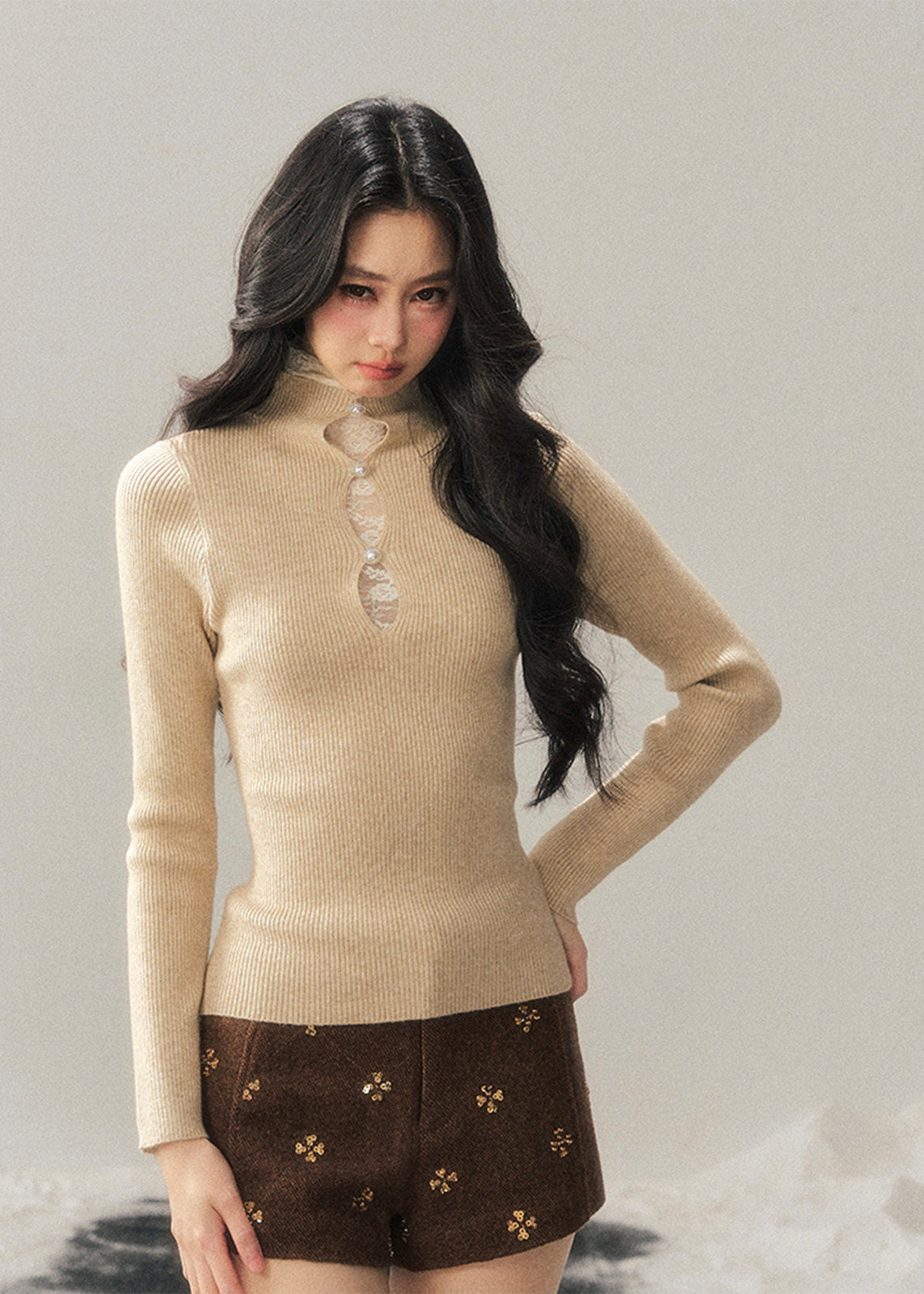 lace mock neck knit top, winter base layer women, faux layered knit top, korean minimal knitwear, elegant lace inner top, slim fit knit women, refined turtleneck top, soft winter knit top, feminine layering piece, premium women knit, aomalm knit style, understated luxury top, modern women basics, lace detail knit top, versatile winter inner top