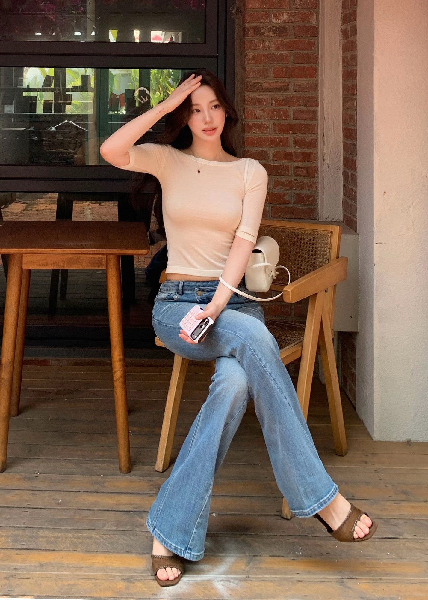 off shoulder knit top, minimalist knit top, slimming knit top, Korean feminine top, solid color knit tee, mid sleeve knit top, elegant summer knit, soft slim fit top, versatile knit blouse, feminine Korean fashion, collarbone knit top, acrylic lyocell wool top, mulberry silk knit top, casual elegant top, fitted knitwear women