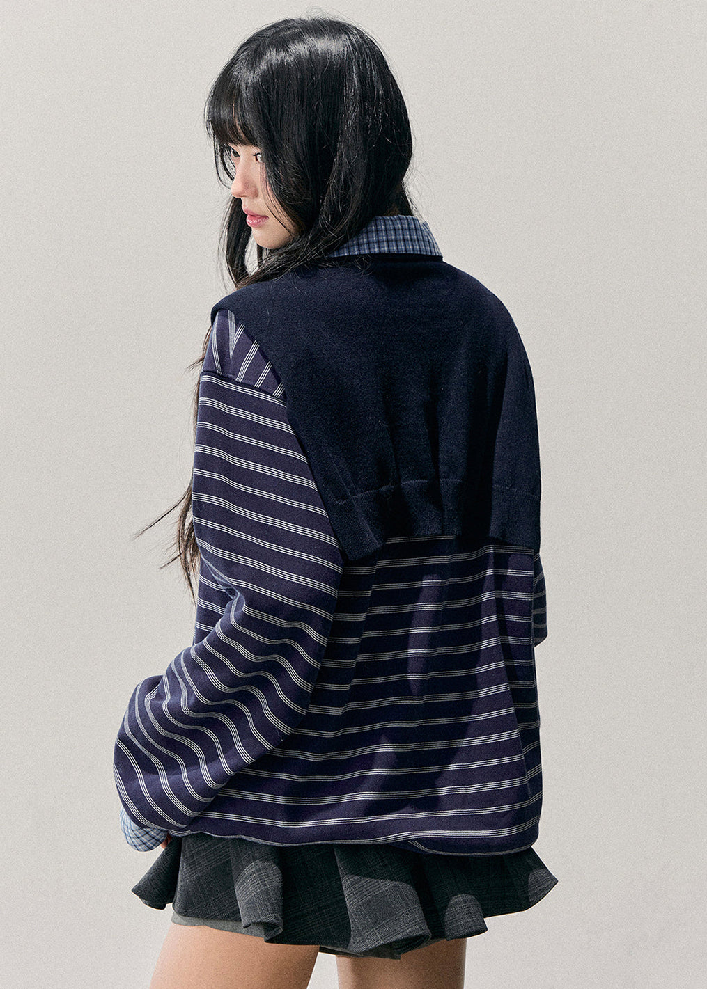 fake two top, layered polo knit, striped long sleeve top, AOMALM top, Korean fashion knit, winter striped polo, preppy layered shirt, women’s fake two sweater, soft knit pullover, autumn winter tops, Korean aesthetic outfit, American striped tee, polo collar knit, layered look sweater, casual winter knit top, streetwear Korean top, feminine preppy clothing, blue striped knit, layered illusion top