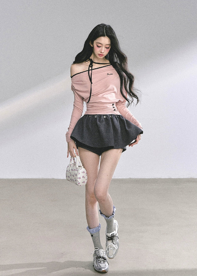 korean halterneck top, korean off shoulder top, hot girl pink top, korean streetwear women, autumn long sleeve halter shirt, korean slim fit t shirt, seoul fashion top, kfashion off shoulder shirt, pink halter knit top, korean style cute top, off shoulder long sleeve korean, hot girl fall outfit, ribbon neck korean top, slim waist korean tee, soft pink korean fashion
