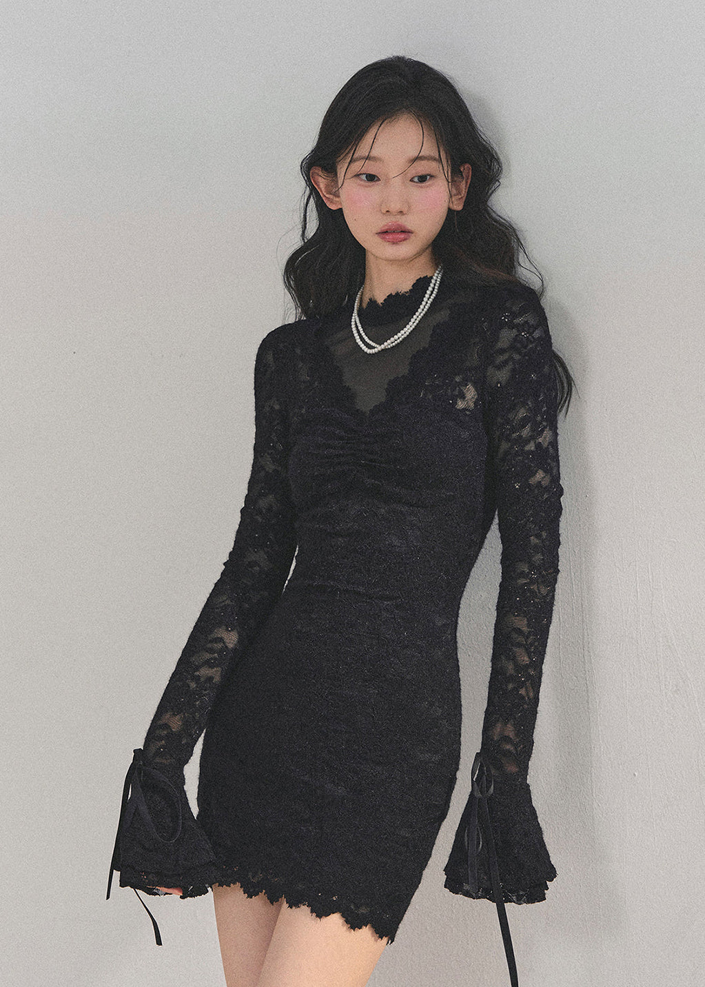 full moon lace dress, winter lace dress women, French lace bodycon dress, AOMALM dress, elegant black lace dress, sexy winter dress, long sleeve lace dress, V-neck lace dress, feminine holiday dress, ruched lace dress, slim bodycon dress winter, Korean feminine dress, date night lace dress, sexy black dress winter, lace flare sleeve dress, cold season party dress, winter outfit ideas women