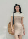 AOMALM knit mini dress women, French romantic fitted dress, feminine colorblock knit dress, Korean elegant spring mini dress, quiet luxury romantic outfit, Parisian inspired knit dress women, refined feminine silhouette dress, romantic Korean French aesthetic clothing, lightweight spring knit mini, elegant body shaping knit dress, soft luxury womenswear dress, mature feminine mini dress style, luxury Korean designer inspired knitwear, refined spring outfit women