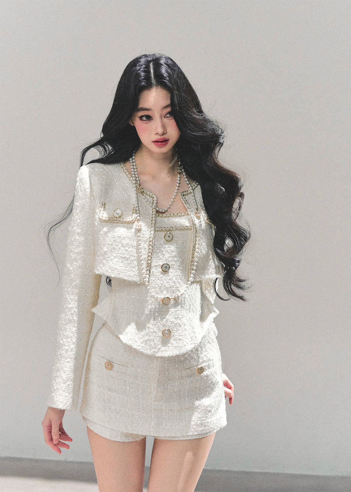 AOMALM, Korean feminine tweed set, winter three piece set women, French chic wool outfit, black tweed jacket skirt set, rich daughter style, elegant winter set, Korean fashion winter, feminine wool tweed, luxury winter outfit women, soft feminine aesthetic, classic black tweed, layered winter styling, boutique Korean brand, refined winter ensemble, slim silhouette winter set