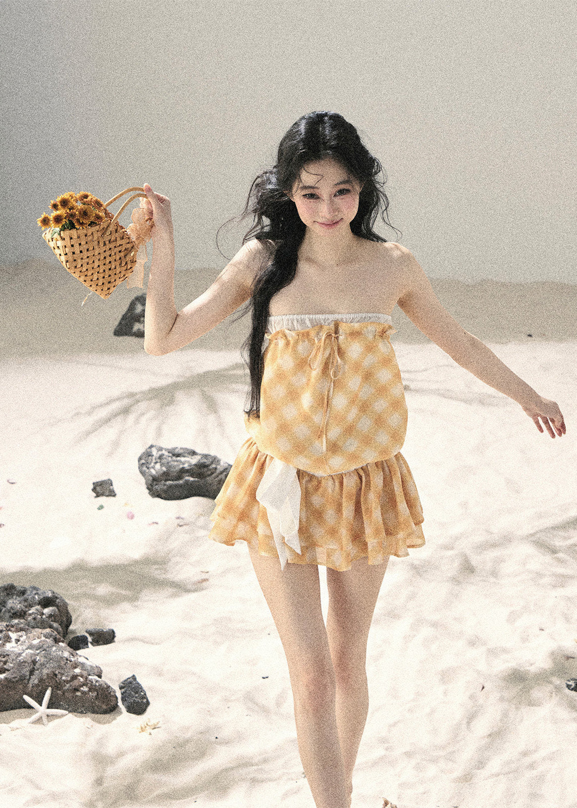 aomalm dress, gingham mini dress, french plaid dress, korean feminine dress, summer mini dress, puffy skirt dress, yellow plaid dress, romantic mini dress, cute korean fashion dress, resort mini dress, feminine summer dress, short plaid dress