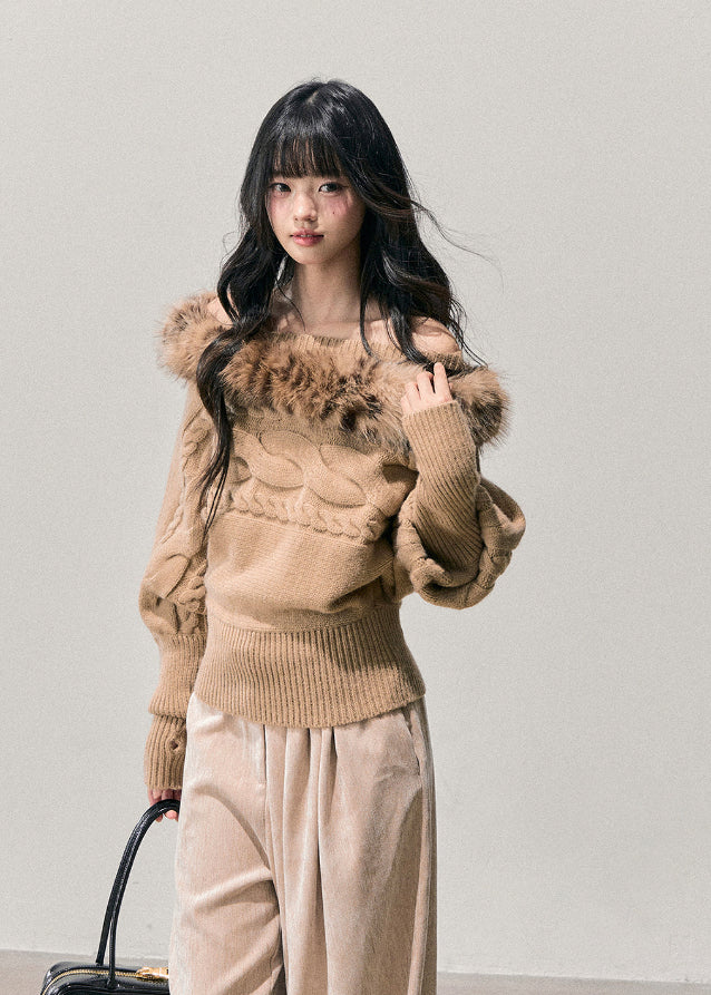 tea fragrance sweater, mohair off shoulder sweater, AOMALM winter top, French mohair knit, winter twist sweater, fluffy neckline sweater, faux fur trim knit, feminine winter outfit, asymmetrical knit top, Korean winter style, warm mohair sweater, off shoulder winter top, cozy feminine knitwear, soft mohair pullover, chic winter sweater, trendy Korean fashion top, elegant winter knit, women’s mohair blouse, romantic off shoulder sweater