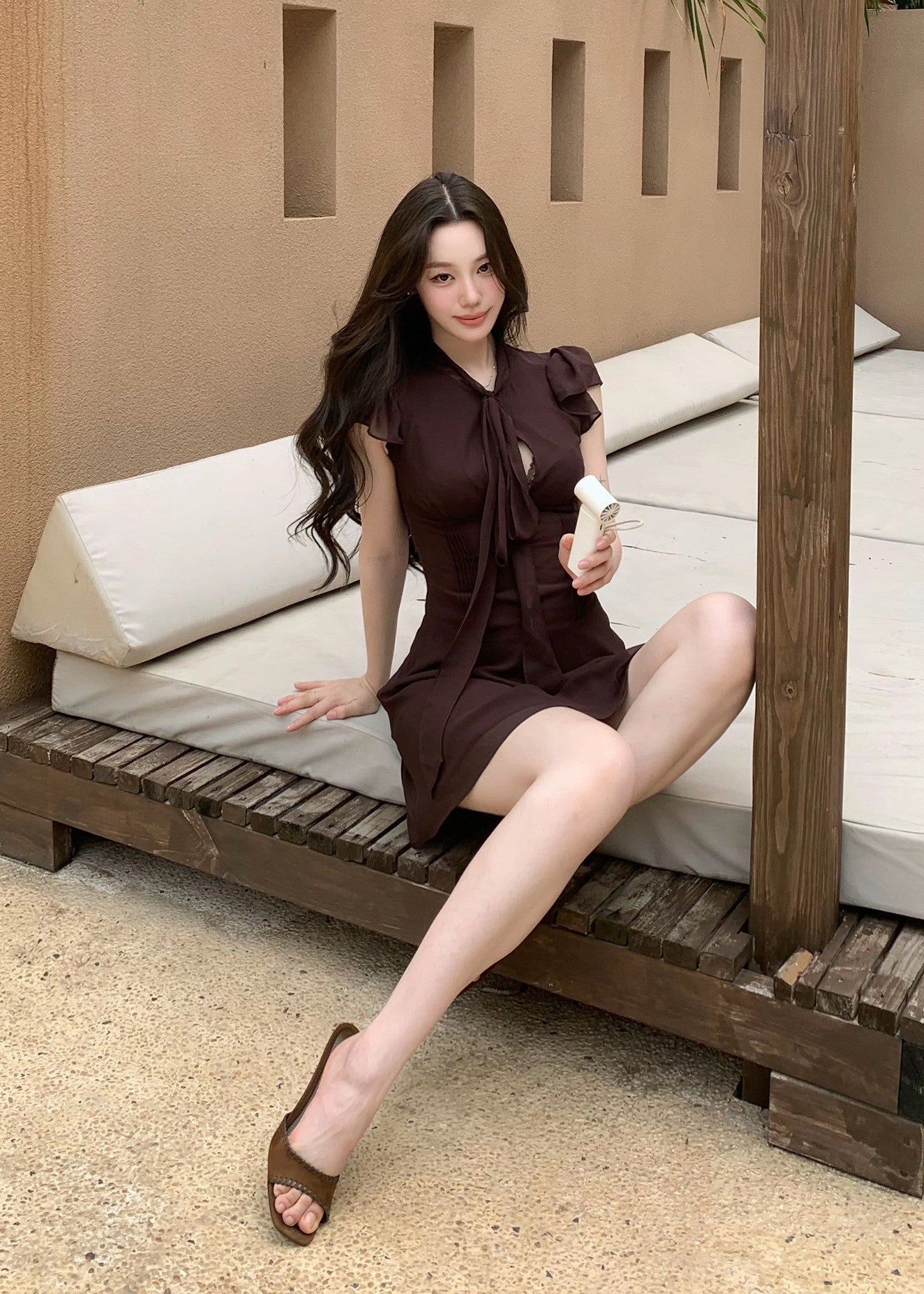 bow-tie chiffon mini dress, white chiffon dress, flutter sleeve mini dress, feminine korean dress, romantic summer dress, fit and flare mini dress, tie-neck dress, elegant white mini dress, soft girl summer dress, vacation mini dress, café date dress, graceful chiffon dress