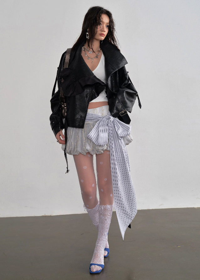 JNYLON faux leather jacket women, Korean stylish leather outerwear, stand collar PU jacket Korean fashion, edgy ruffle leather jacket women, modern Korean street chic jacket, oversized faux leather biker jacket women, trendy Korean fashion outerwear, playful structured leather jacket, chic Korean style faux leather coat, statement urban fashion jacket women