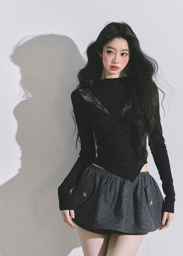 lace knit top, asymmetrical lace top, irregular cut long sleeve, Korean fashion top, Korean lace blouse, sexy lace T-shirt women, elegant lace knitwear, autumn lace top, sheer lace long sleeve, hollow lace shirt, Korean street style tops, Korean chic fashion, French style lace blouse, lace cutout top, women's fall lace shirt, aesthetic long sleeve top, Y2K lace top women, slim fit lace knit top, trendy lace long sleeve
