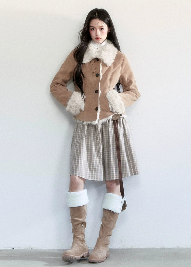 Fragileheart suede coat, faux fur jacket, winter Korean fashion, luxury feminine outerwear, plush shearling coat, quiet luxury womenswear, pastel noir aesthetic, elegant winter outfit, soft beige jacket, warm faux suede coat, K-fashion 2025, cozy luxury fashion, refined feminine look, modern winter style
